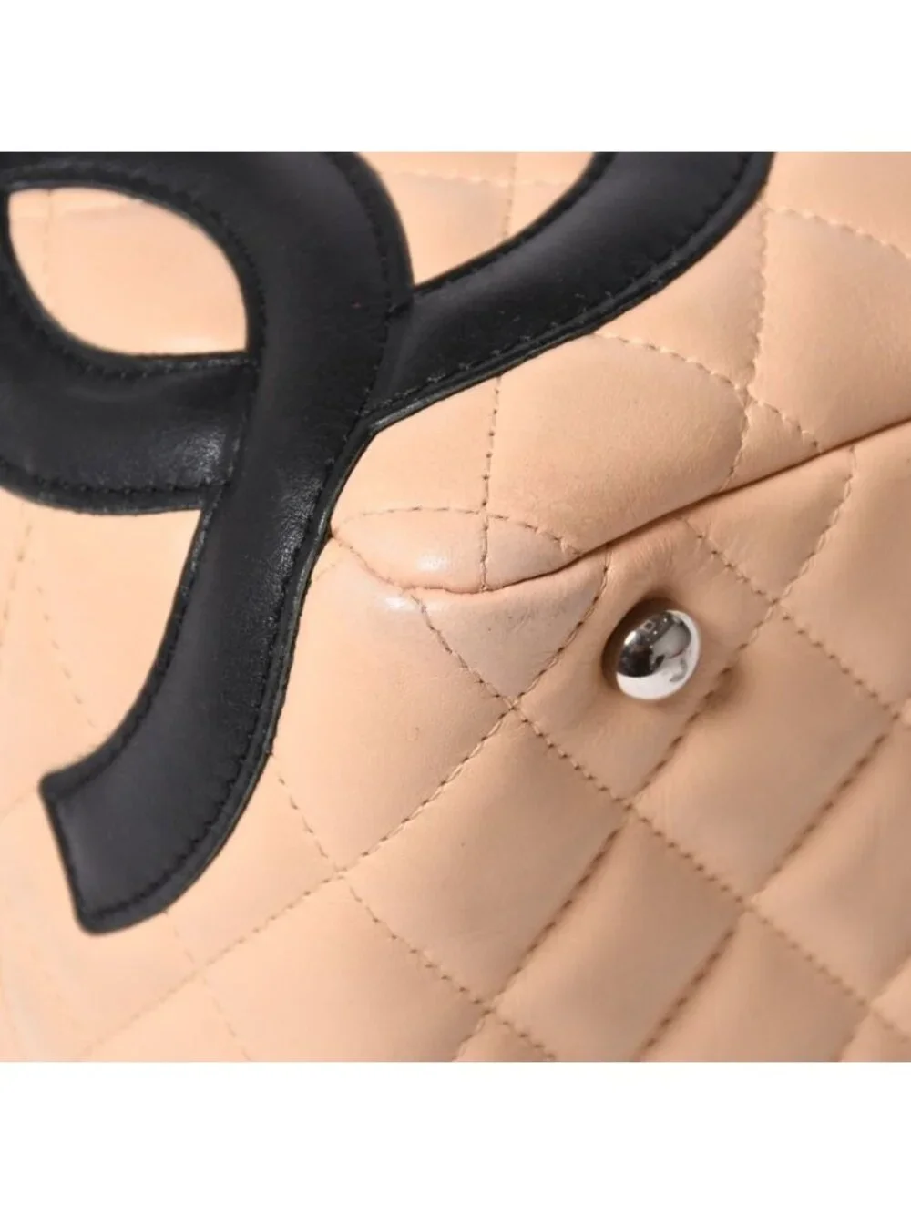 Chanel Cambon Line Bowling Bag Lambskin Beige Black CC Logo Silver